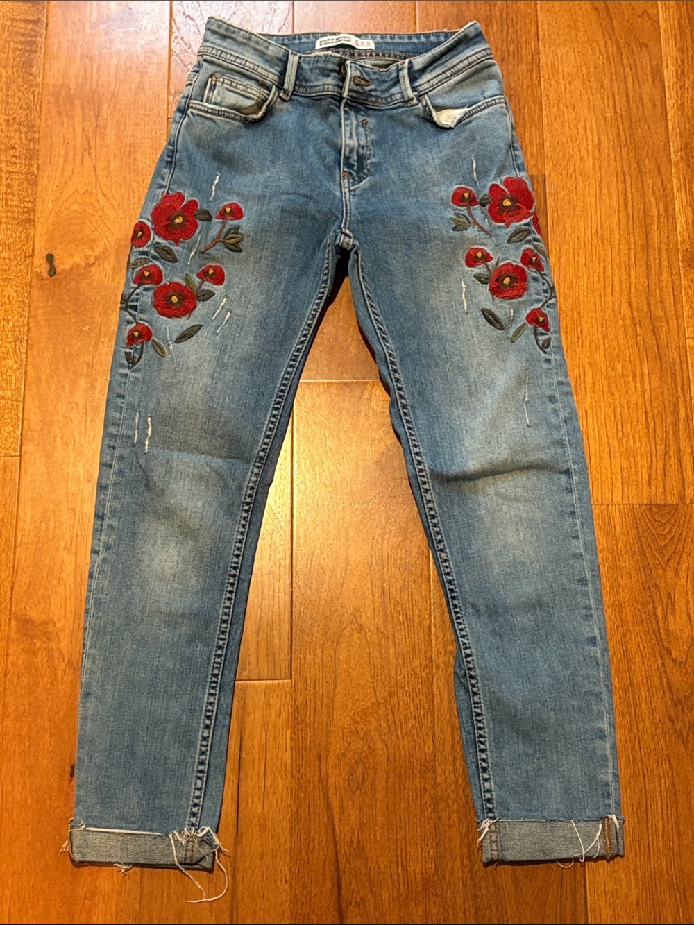 Zara Blue Skinny Jeans with Red Floral Embroidery
